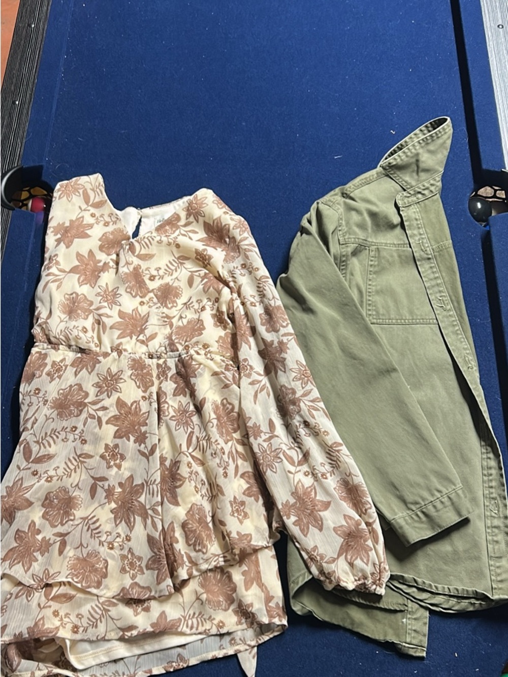 Floral Long-Sleeve Romper (XL) in Cream & Brown with Light olive jacket (L)